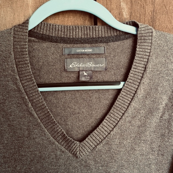 Eddie Bauer Sweater Mens TXL Olive Brown Cotton Merino Blend Fine Knit V-neck - Picture 3 of 14